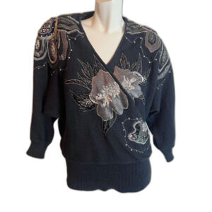 Vintage 80s Bonnie Boerer Black Silver Beaded Embroidered Wrap Sweater Size S